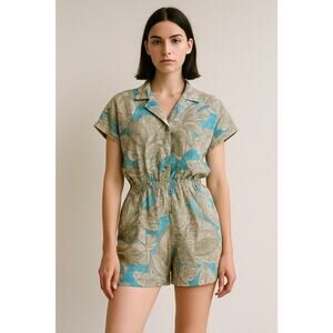 VTG French Navy 80s Floral Romper Elastic Waist Tropical Cottagecore Resort S